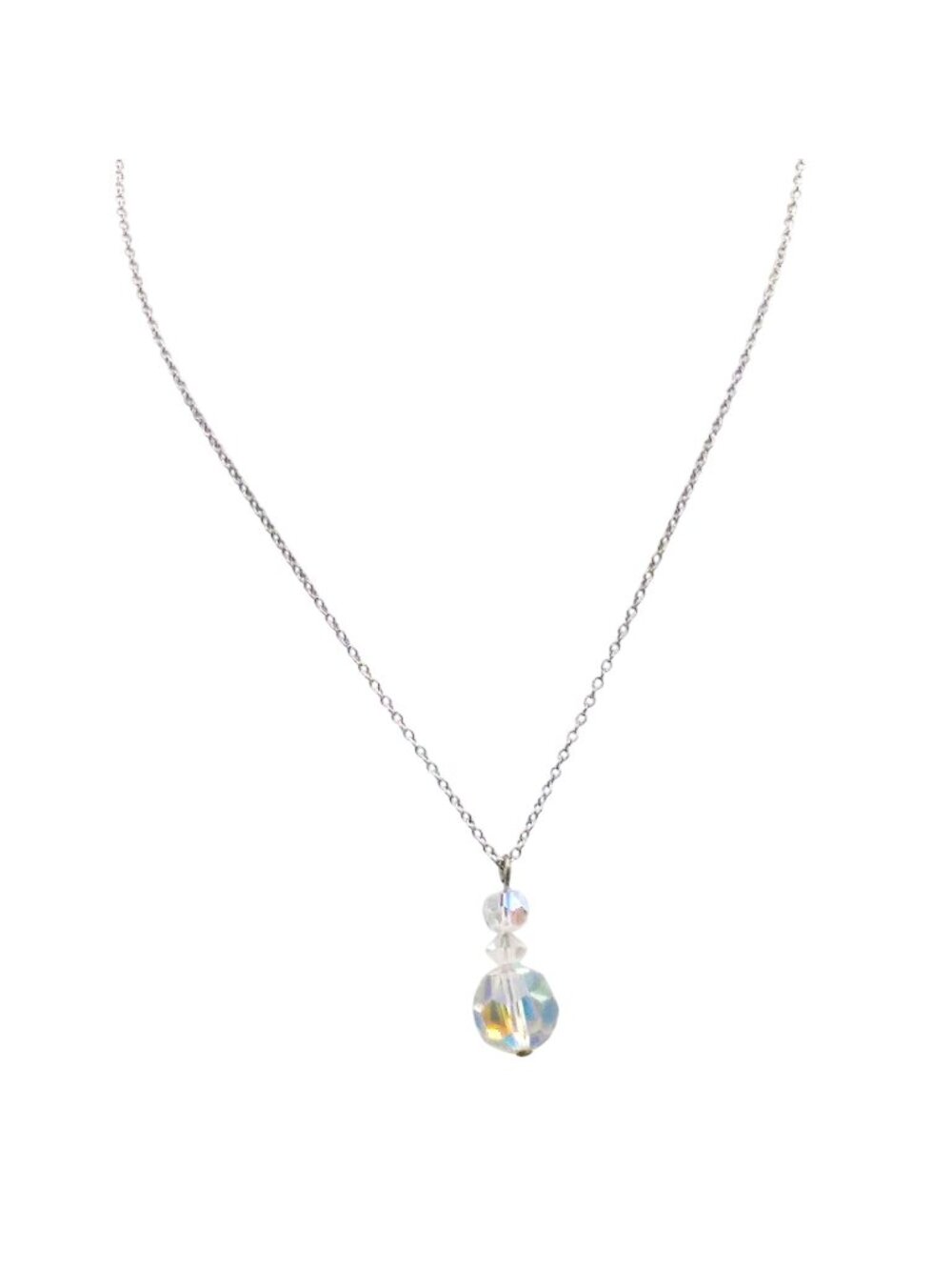 Triple Drop AB Crystal Pendant Necklace, Triple Beads on Delicate Silver Tone